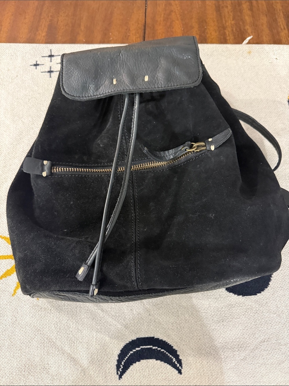 Black Leather + Suede Drawstring Backpack - Women’s Casual Bag
